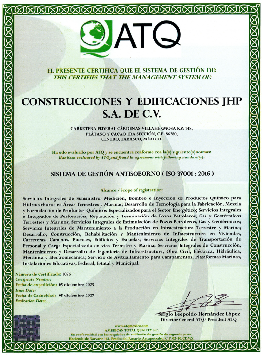 Certificado ISO 37001 de JHP