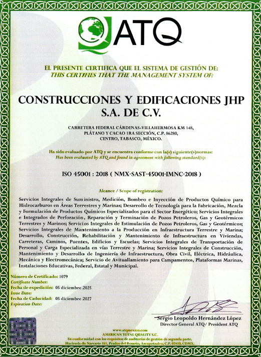 Certificado ISO 45001 de JHP