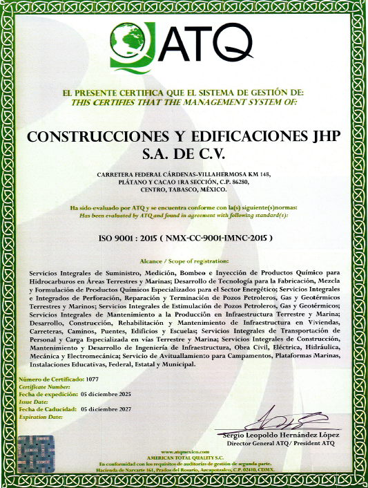 Certificado ISO 9001 de JHP